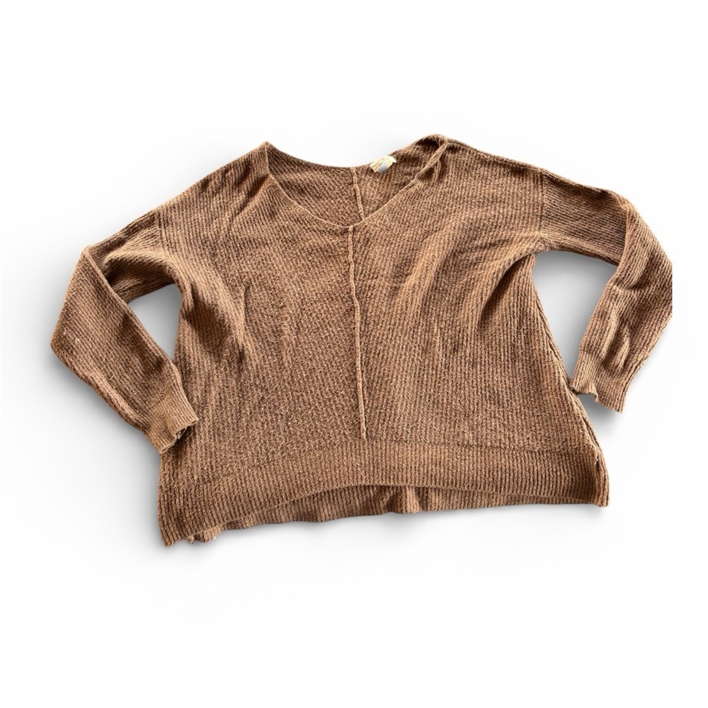 Kaisley Tan Brown Ribbed Knit Scoop V Neck Sweater - Picture 2 of 5